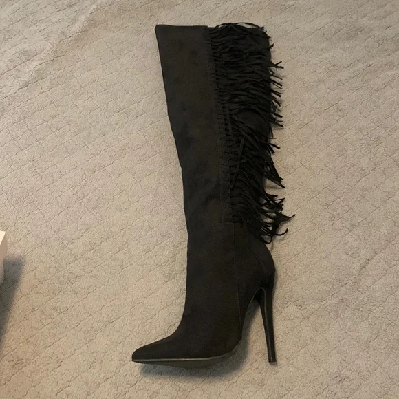 JustFab Shoes Black Suede Heeled Fringe Boots Poshmark